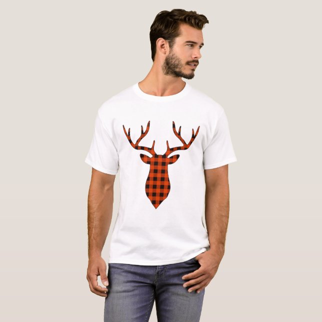 Deer Buck Head Silhouette Red and Black Plaid T-Shirt (Front Full)
