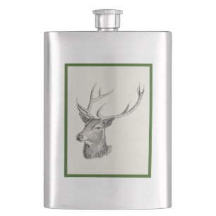 Deer Buck Head with Antlers Black and White Art Hip Flask