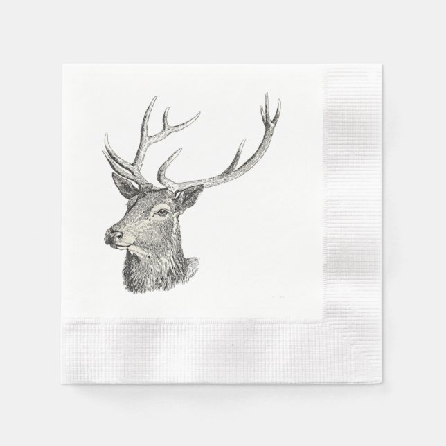 Deer Buck Head with Antlers Black and White Art Napkin (Front)