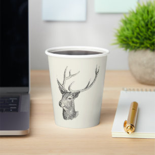 Deer Buck Head with Antlers Black and White Art Paper Cups
