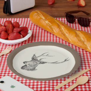 Deer Buck Head with Antlers Black and White Art Paper Plate
