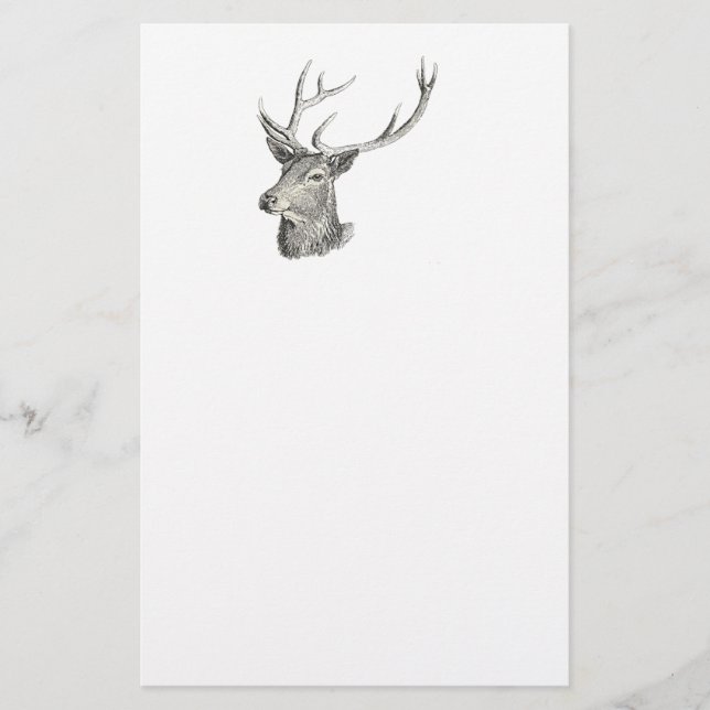 Deer Buck Head with Antlers Black and White Art Stationery (Front)