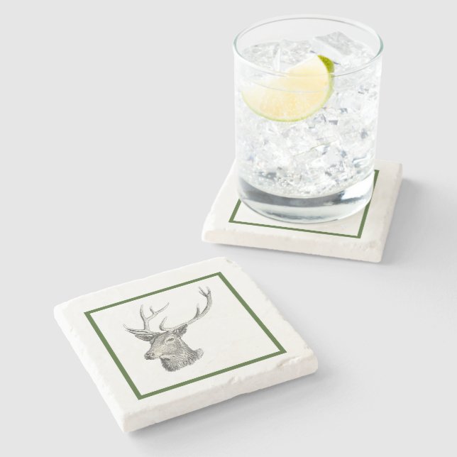 Deer Buck Head with Antlers Black and White Art Stone Coaster (Side)