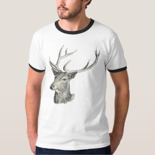 Deer Buck Head with Antlers Hunting Drawing T-Shirt