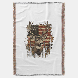 Deer, Buck Season USA Flag Throw Blanket