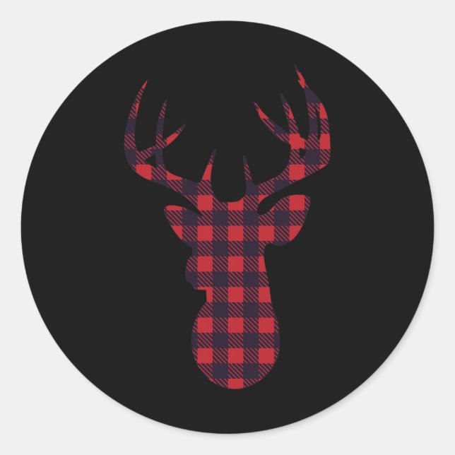 Deer Buck Silhouette Red Plaid Matching Christmas  Classic Round Sticker (Front)