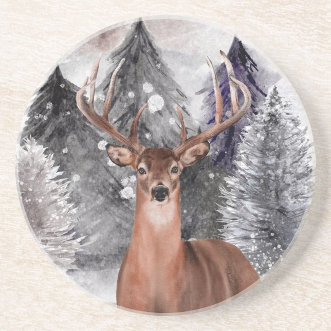 Deer Buck Watercolor Winter Forest Stone Coaster (Front)