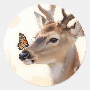Deer Butterfly Watercolor Classic Round Sticker