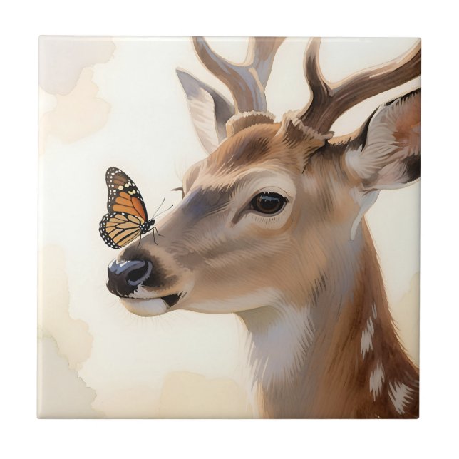 Deer Butterfly Watercolor Tile (Front)