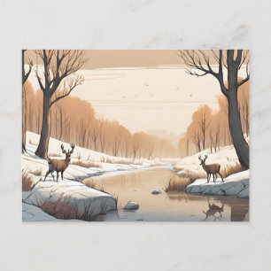 Deer by the River Wildlife Winter Landscape Postcard