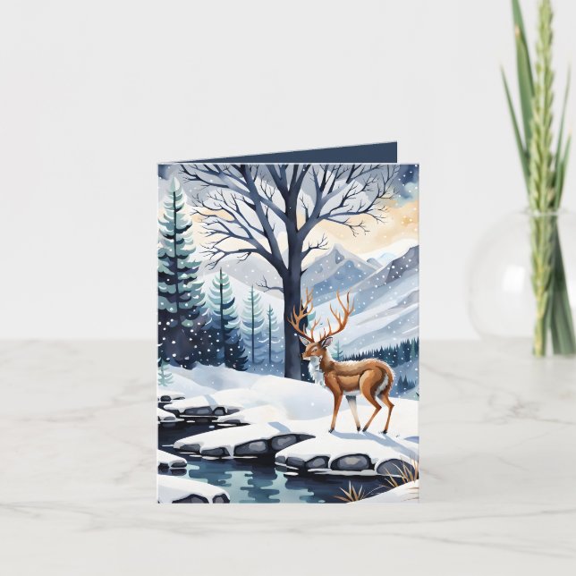Deer by the Snowy Lake Folded Photo Christmas Card (Front)