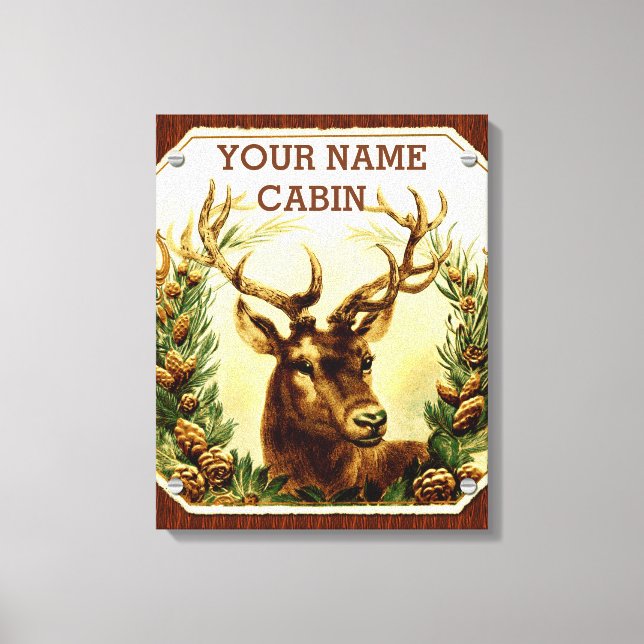 Deer Cabin Personalised with Wood Grain Canvas Print (Front)