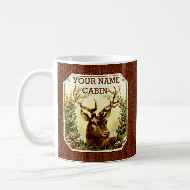 Deer Cabin Personalised with Wood Grain Coffee Mug (Left)