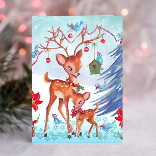 Deer Christmas Birds   Holiday Greeting card