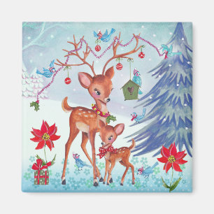 Deer Christmas Birds   Holiday Greeting card Magnet