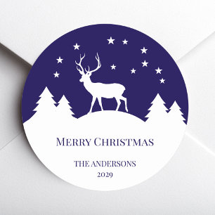 Deer Christmas Blue White Stag in Winter Elegant Classic Round Sticker
