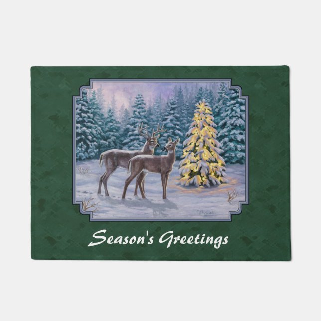 Deer & Christmas Tree Green Doormat (Front)