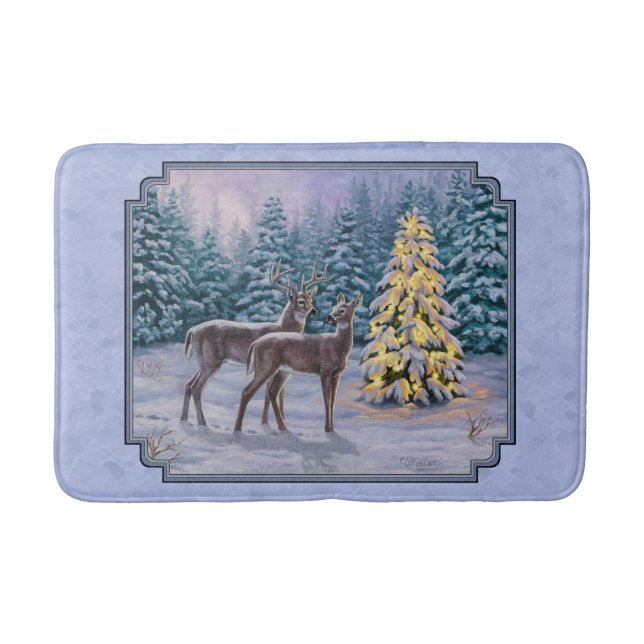 Deer & Christmas Tree Winter Blue Bath Mat (Front)