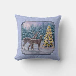 Deer & Christmas Tree Winter Blue Cushion