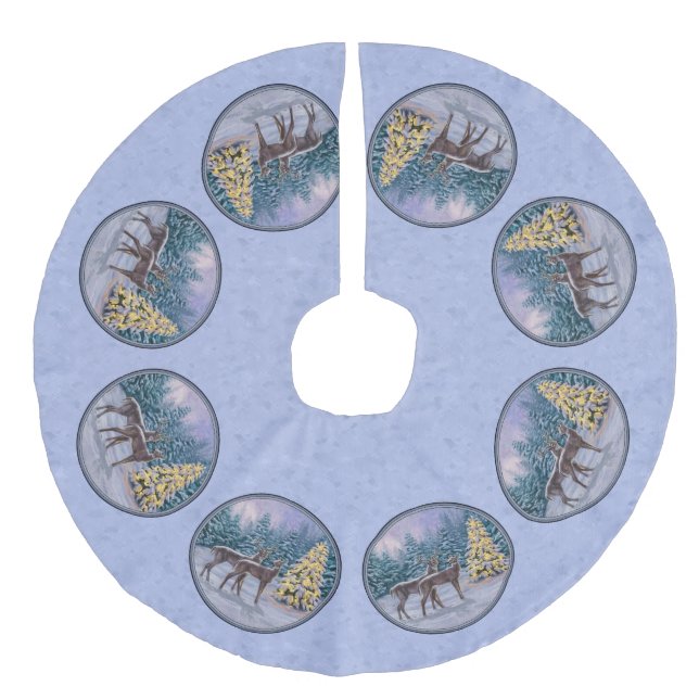 Deer & Christmas Tree Winter Blue Faux Linen Tree Skirt (Front)