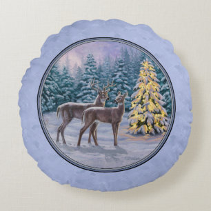 Deer & Christmas Tree Winter Blue Round Cushion