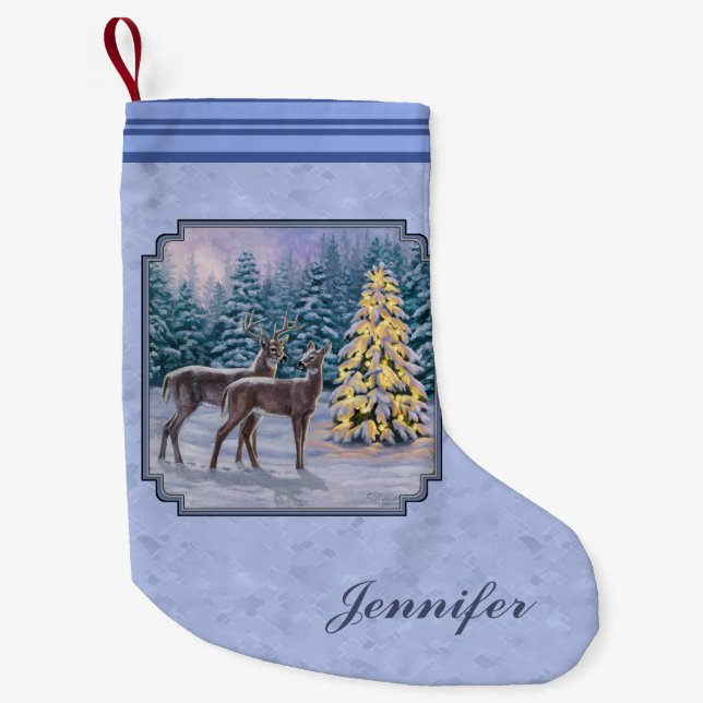 Deer & Christmas Tree Winter Blue Small Christmas Stocking (Front)