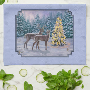 Deer & Christmas Tree Winter Blue Tea Towel