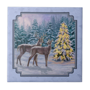 Deer & Christmas Tree Winter Blue Tile