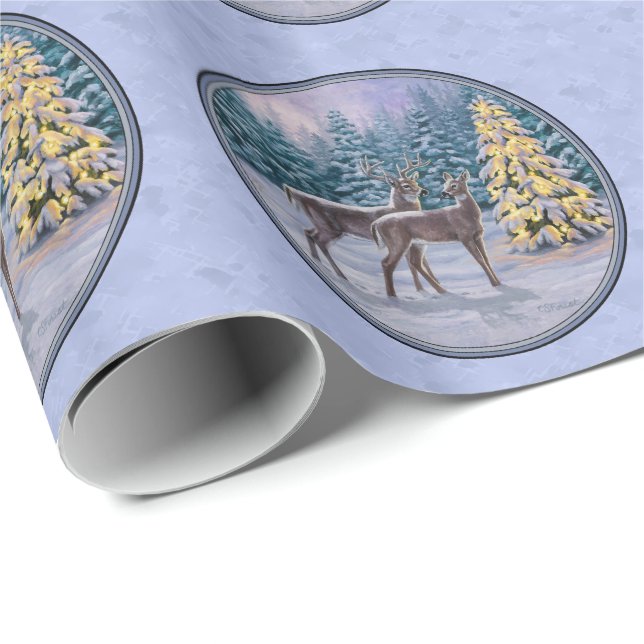 Deer & Christmas Tree Winter Blue Wrapping Paper (Roll Corner)