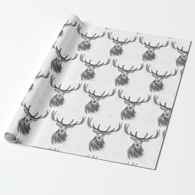 Deer Christmas watercolor Pattern Woodland Black Wrapping Paper (Unrolled)