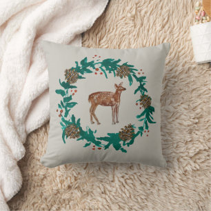 Deer Christmas Wreath Painting Grey Pillow