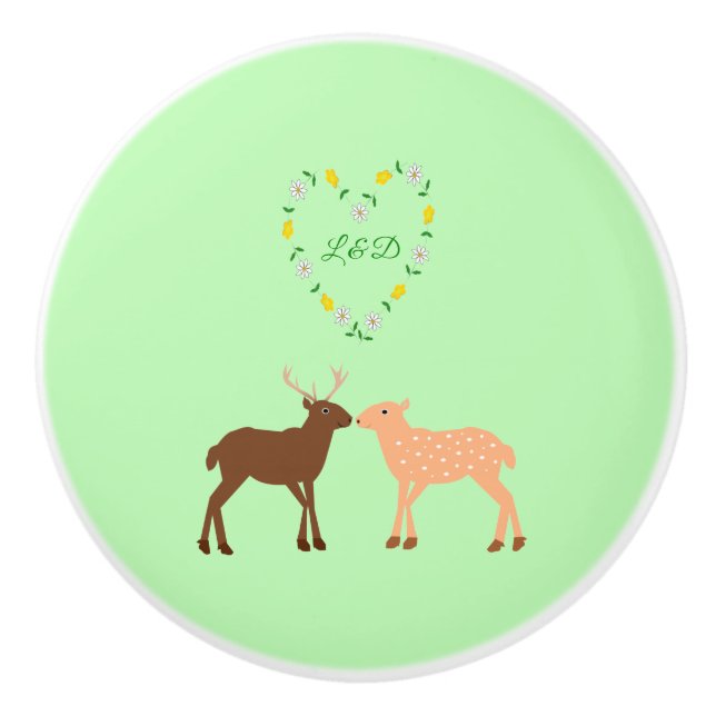 Deer Couple and Daisy Heart Custom Ceramic Knob (Front)