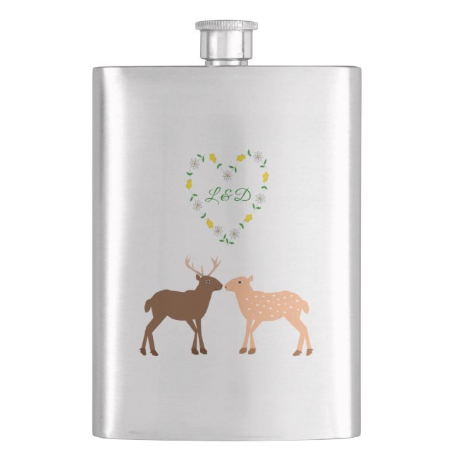 Deer Couple and Daisy Heart Custom Hip Flask (Front)