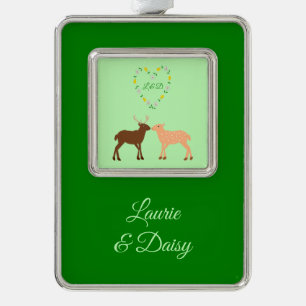 Deer Couple and Daisy Heart Custom Silver Plated Framed Ornament