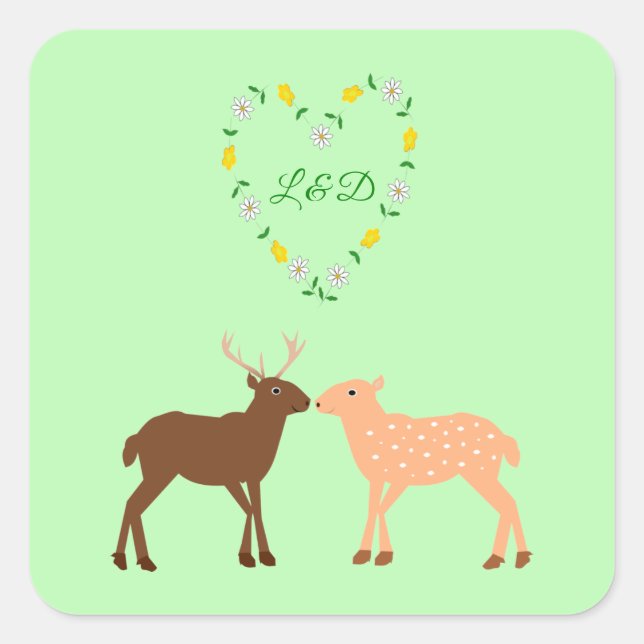 Deer Couple and Daisy Heart Custom Square Sticker (Front)
