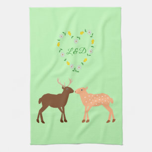 Deer Couple and Daisy Heart Custom Tea Towel