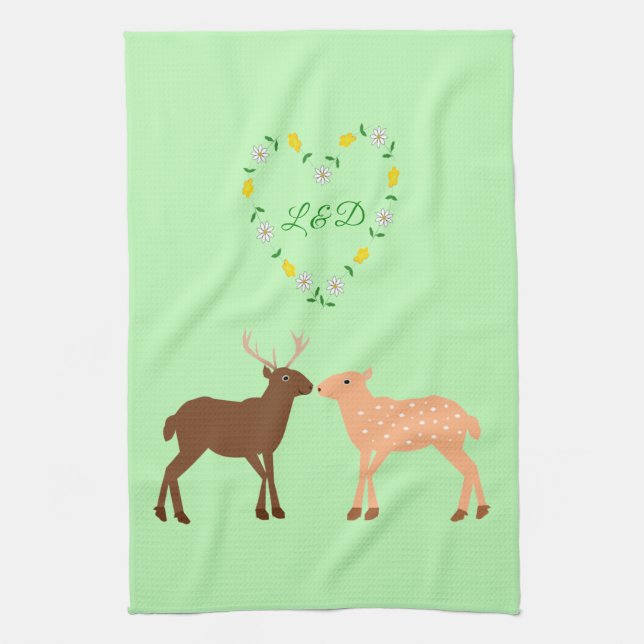 Deer Couple and Daisy Heart Custom Tea Towel (Vertical)