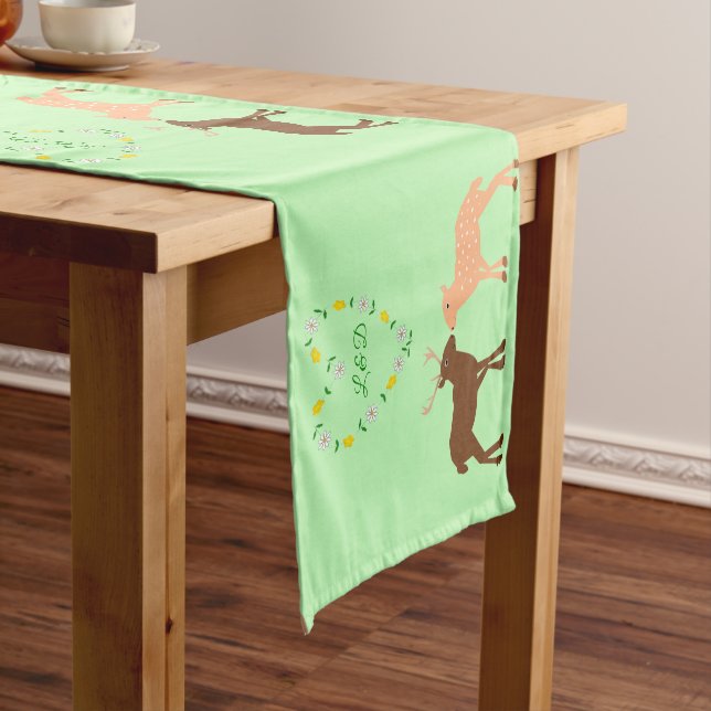 Deer Couple and Daisy Heart Custom Wedding Short Table Runner (In Situ)