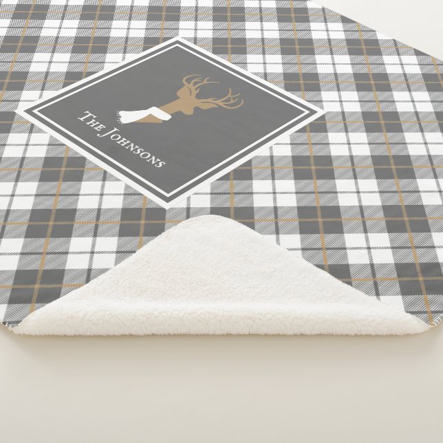 Deer Design Gold & Grey Plaid Personalised Sherpa Blanket (3/4)