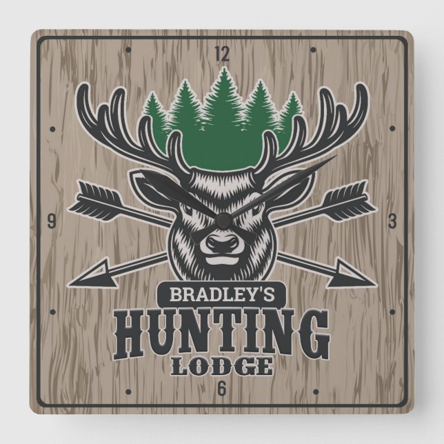 Deer Elk Hunter ADD NAME Bow Hunting Lodge Cabin Square Wall Clock (Front)