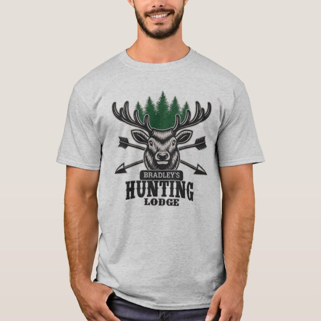 Deer Elk Hunter ADD NAME Bow Hunting Lodge Cabin T-Shirt (Front)