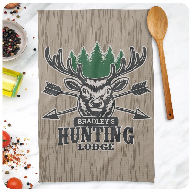 Deer Elk Hunter ADD NAME Bow Hunting Lodge Cabin Tea Towel (Creator Uploaded)
