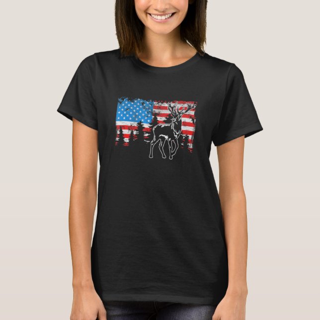 Deer Elk Hunting American Flag Usa Pro Hunter Us H T-Shirt (Front)