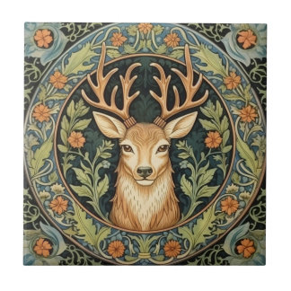 Deer face in floral vintage design tile