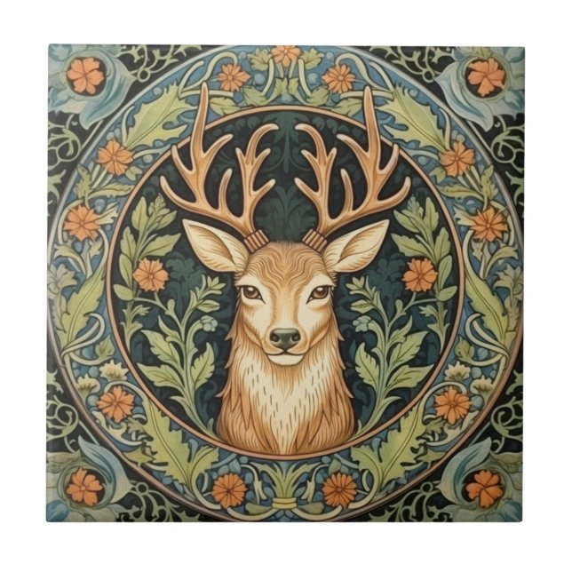 Deer face in floral vintage design tile (Front)