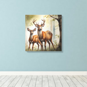Deer Family In Forest Clearing Wildlife Canvas Print