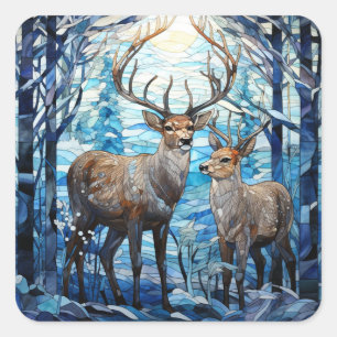 Deer family stained glass window square sticker