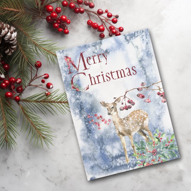 Deer Fawn, Berries and Bird Modern Christmas Card (Creator Uploaded)