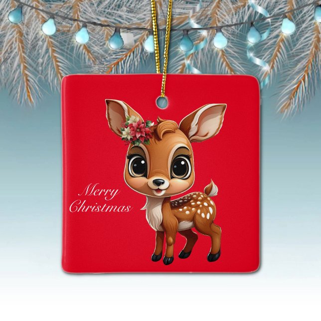 Deer, Fawn, Doe 🦌 🎄 Cute Merry Christmas, Red Ceramic Ornament (Baby Deer, Floral Fawn Doe Poinsettia Customizable Merry Christmas Red Square Ceramic Ornament 🦌🎄)