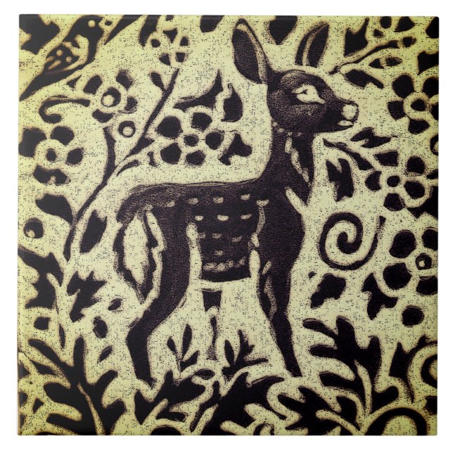 Deer Fawn Grey Green Stoneware Foliage Woodland Tile (Front)
